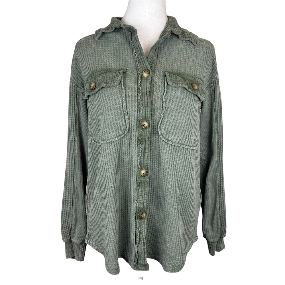 ☘️5/$25 Green Waffle Knit Ribbed Oversized Boho Shacket Shirt Jacket Small